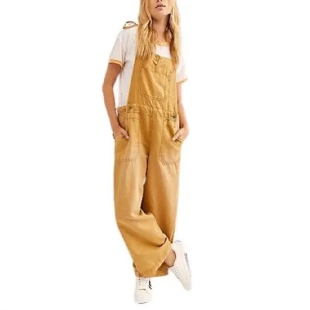 Free People Natural Sights Boho Linen Overalls Gold Mustard Sz Medium